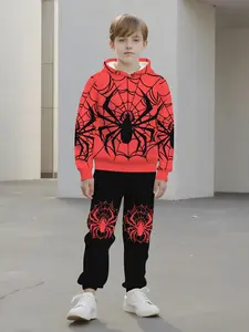 Spider Web Boys Hooded Set Cool Hero Style Sweatshirt & Pants Two-Piece, Casual Slim-Fitting Spring & Fall