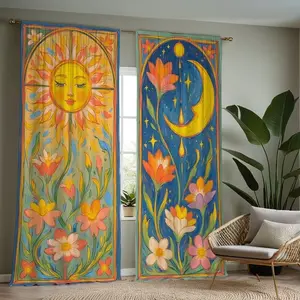 Cartoon Moon Flower Print Curtains, Fashionable Rod Pocket Window Drapes Window Hanging for Bedroom and Living Room, Easy Installation for Coffee Shop and Office