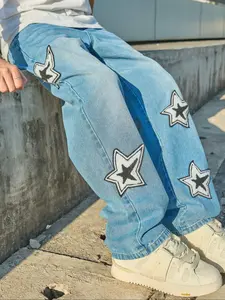 Men's Star Print Straight Leg Jeans, Light Wash Jeans, Casual Pants for Daily Wear, Men's Oversize Bottoms for All Seasons, Baggy Jeans for Men, Streetwear, Cotton, Denim Embroidery Jeans, Leisure Jeans, Casual Fashion Jeans