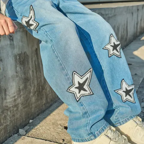 Men's Star Print Oversized Straight Leg Baggy Loose Fit Jeans, Loose Casual Comfy Denim Pants for Daily Wear, Fashion High Street Style Streetwear Men's Bottoms for All Seasons