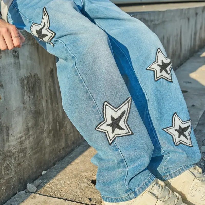 Men's Star Print Oversized Straight Leg Baggy Loose Fit Jeans, Loose Casual Comfy Denim Pants for Daily Wear, Fashion High Street Style Streetwear Men's Bottoms for All Seasons