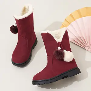Cozy & Cute Girls' Vintage-Inspired Winter Snow Boots with Fluffy Fur Trim, Red & White Pom-Pom Accents, Non-Slip Rubber Sole - Perfect for Outdoor Activities & Casual Wear, Winter Boots