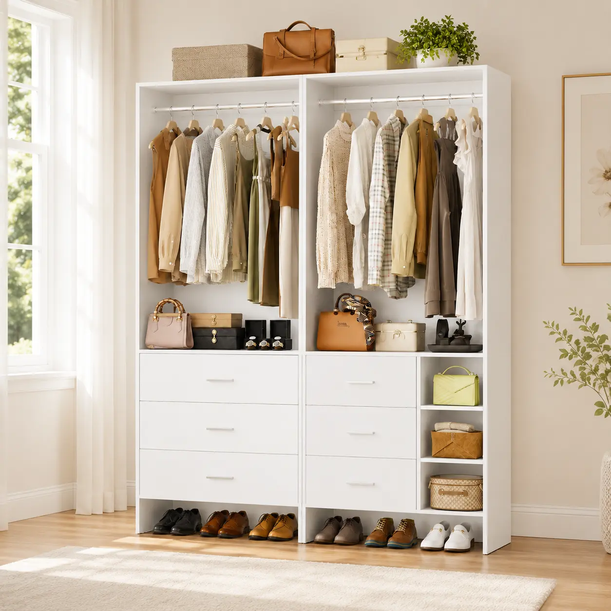 2-Piece Closet System with 6 Drawers, 53.2" Wood Wardrobe Closet Organizer with Hanging Rods, Open Shelves & Shoe Storage for Bedroom, Walk-In Closet, Laundry Room,dorm essentials,home decor