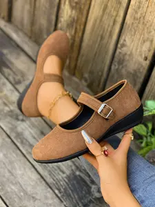 Women's Ballet Flats with Adjustable Elastic Band, Comfortable Round Toe Mary Jane Shoes, Casual Textile Rubber Sole Footwear Walking Shoes