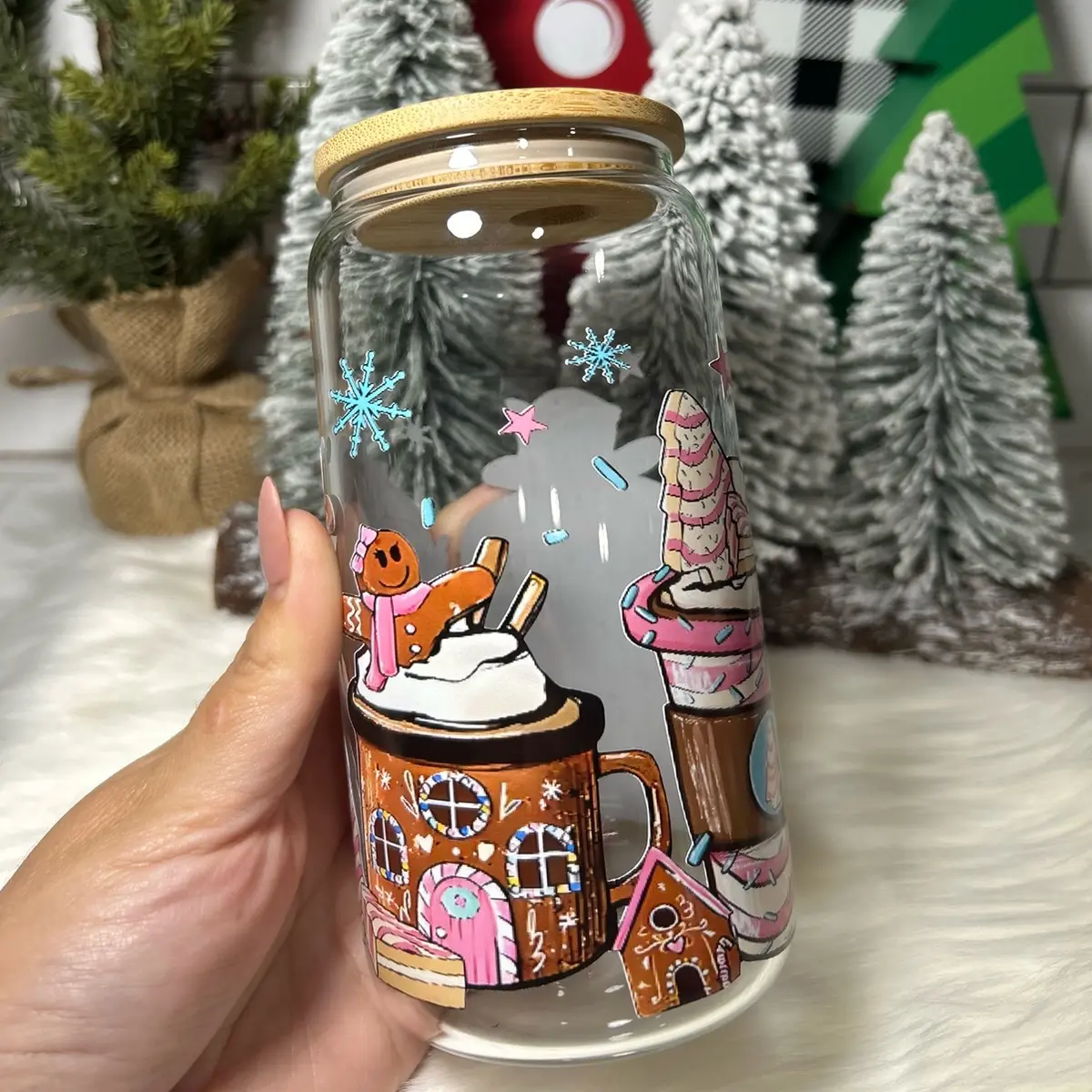 16oz Gingerbread & Coffee Glass Jar Cup with Lid and Straw - Perfect for Cold Drinks - Personalized Kitchenware Drinkware Glasses Cup Drinkware