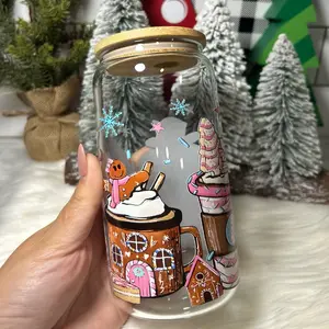16oz Gingerbread & Coffee Glass Jar Cup with Lid and Straw - Perfect for Cold Drinks - Personalized Kitchenware Drinkware Glasses Cup Drinkware