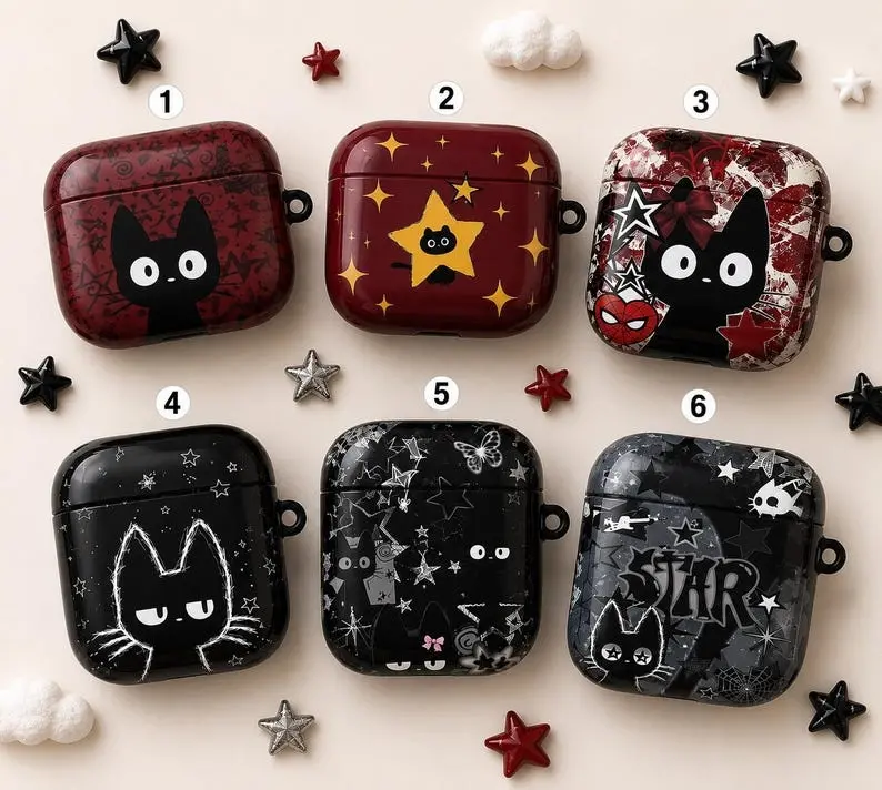 Vintage Black Cat AirPods Case, Cute Cat AirPods Cover, Funny Animal Earbuds Case for AirPods Pro 1 2 3 & AirPods 1 2 3 4, Cat Lover Gift