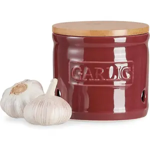 Garlic Keeper with Lid, Ceramic Garlic Saver 4 inch, Dark Red