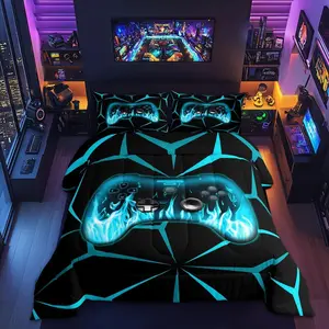 Kids Game Console Comforter Set,3D Geometric Gaming Bedding Set for Teens Boys,Blue and Black Gamer Comforter,Video Game Gaming Bed Set All Season for Game Lovers