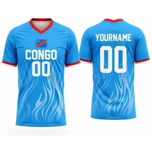 [Custom Name] Personalized Congo Soccer Jersey, Custom Name and Number Football Shirt, Congo National Pride Fan Apparel, Blue Red Soccer Supporter Tee, Unisex Sportswear, Match Day Outfit, Gift For Congo Football Fans