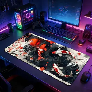 Japanese Koi Fish Ink Large Extended Gaming Mouse Pad, Non-Slip Rubber Base Stitched Lock Edge Desk Mat, Traditional Ink Wash Artistic Design Desk Pad, Durable Computer Accessory for Home Office & Gaming Setup, Perfect Gift for Gamers & Oriental Art