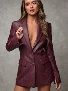 Women's Vintage Wine Leather/faux Leather Fashion Waist Cinching Fitted Fall Winter Blazer Jacket, Stylish Autumn Outerwear
