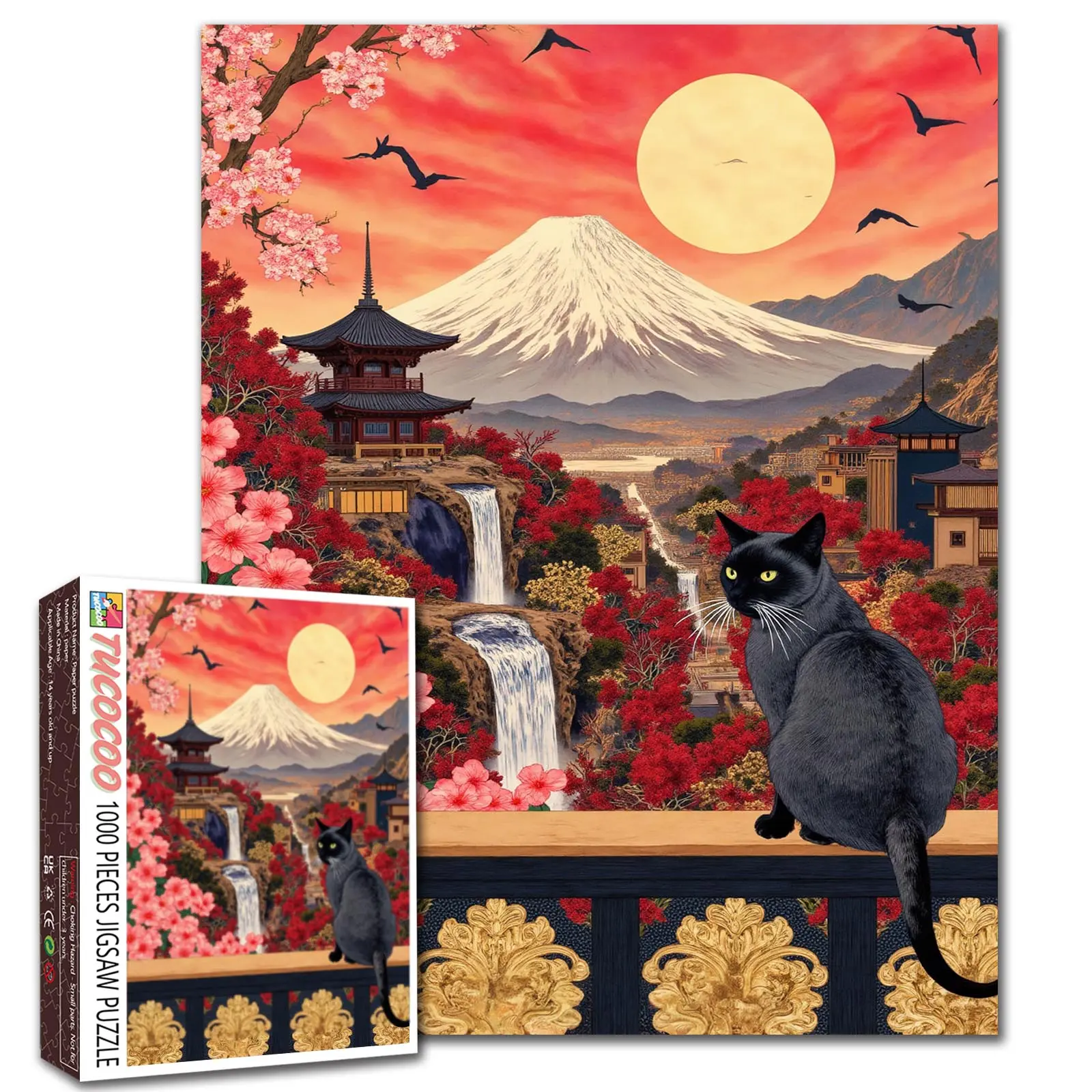 Tucocoo Black Cat and Mount Fuji 1000 Pieces Jigsaw Puzzle, Japanese Pagodas with Cherry Blossoms, Waterfall and Red Autumn Landscape, Challenging Puzzle for Adults, Asian Wall Decor Gift, 27.5x20inch(70x50cm)
