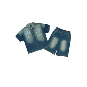 Clemente Medium Blue Rhinestone Button Down Shirt Denim Short Set