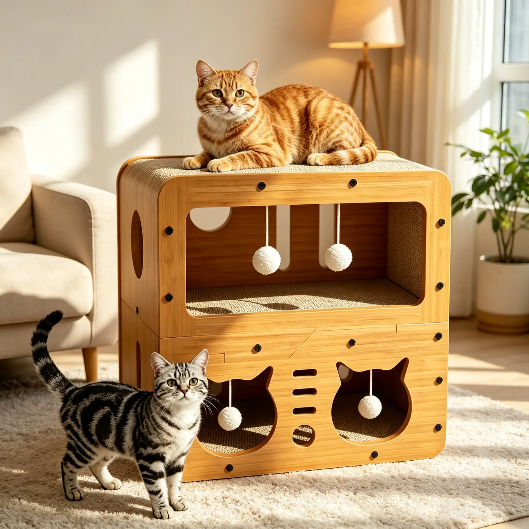 2-Tier Wooden Cat Bed with Scratching Board & Interactive Toy Balls, Multi-Functional Cat House for Multiple Indoor Cats