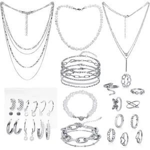 34 Pcs Silver Jewelry Set for Women Layered Bracelets Ball Dangle Hoop Earrings Stackable Knuckle Rings Set Dainty Adjustable Necklaces Valentine Anniversary Trendy Party Costume Accessories Jewelry