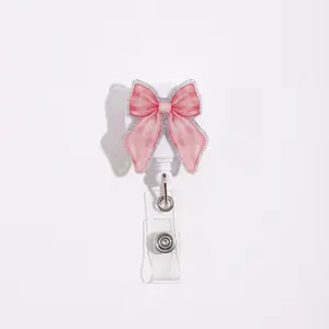 Cute Bow Badge Reel with Silver Color Glitter Edges, Retractable Structure, Transparent Card Holder & Charming Design, Perfect for Hanging ID Badges