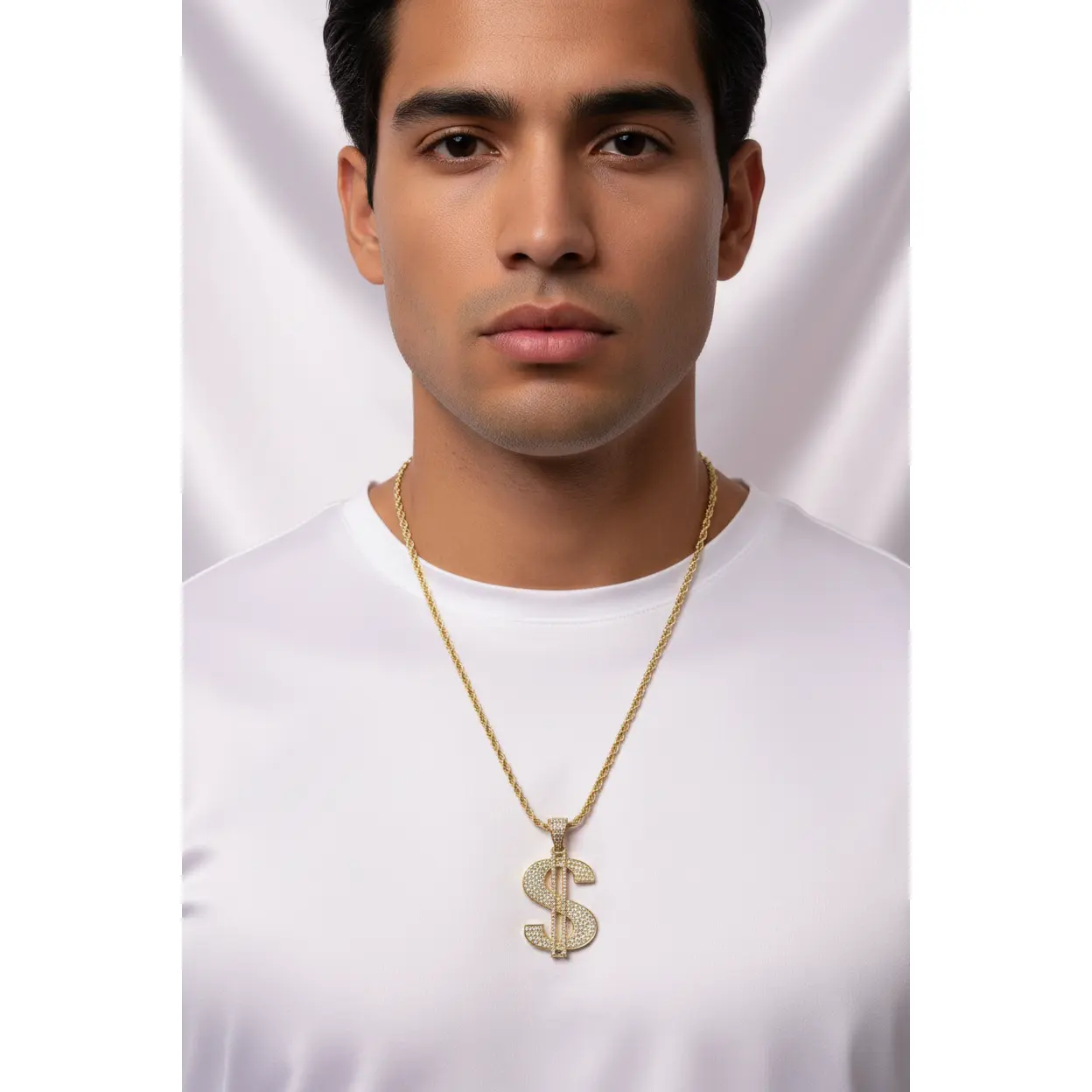 Elegant Gold-Plated Torzal Necklace with Dollar Sign Pendant, 22 in Twist Chain, An Intentional Statement of Power and Abundance, Long, Chain Jewelry Necklaces, $ Symbol, Twisted Look, Gold-Tone Hardware Necklaces