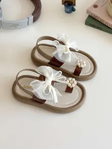 Baby Girls' Mesh Bow Sandals, Pearl Rhinestone Decoration, Soft Breathable Lining, Non-Slip Rubber Sole, Sweet Princess Style, Baby Walking Shoes