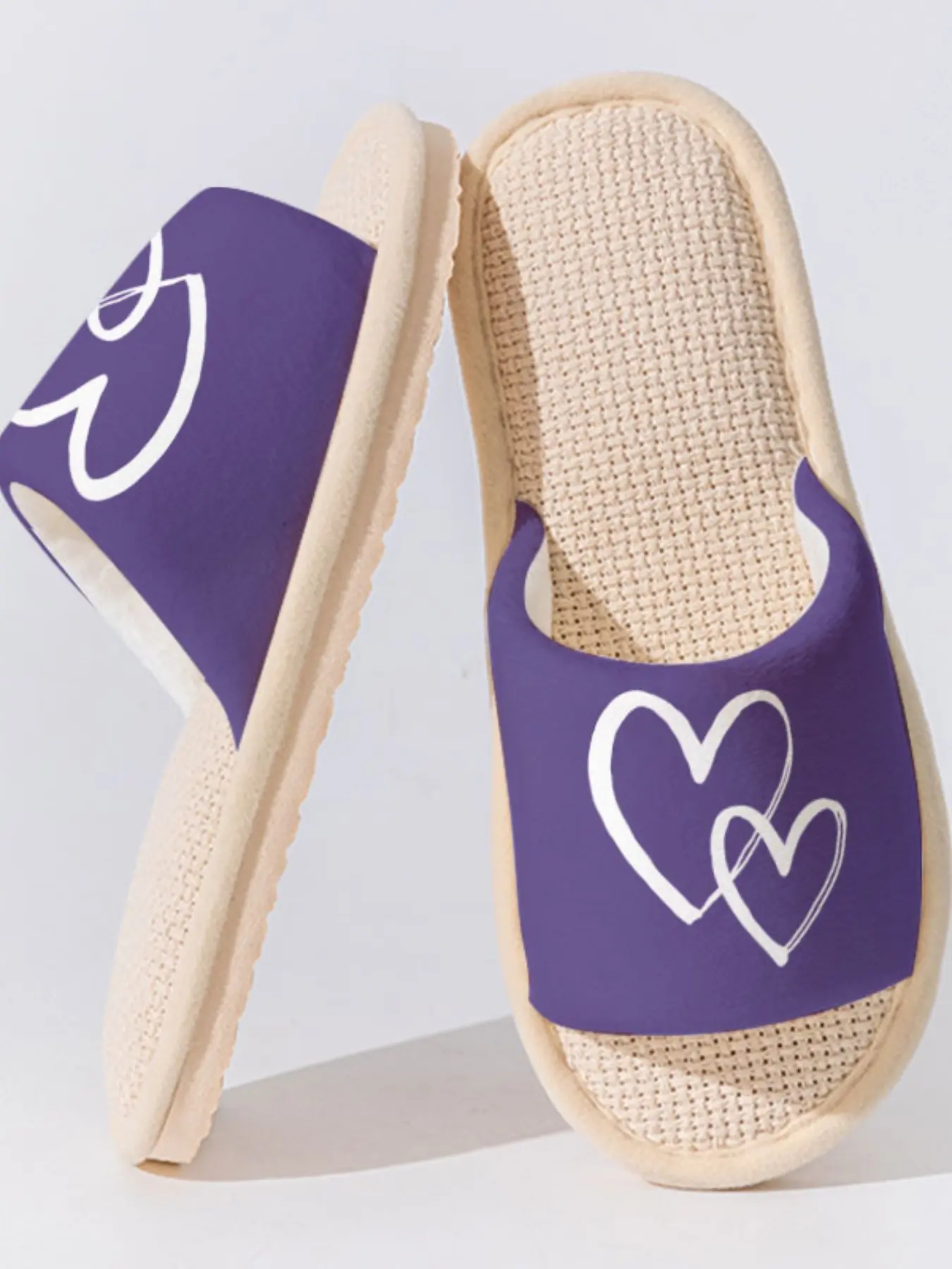 Purple Double Heart Print Linen Slippers, Sweet Romantic Cozy Breathable Lightweight Non-slip All Season Home Shoes for Couples Women Men Family Guest Daily Wear