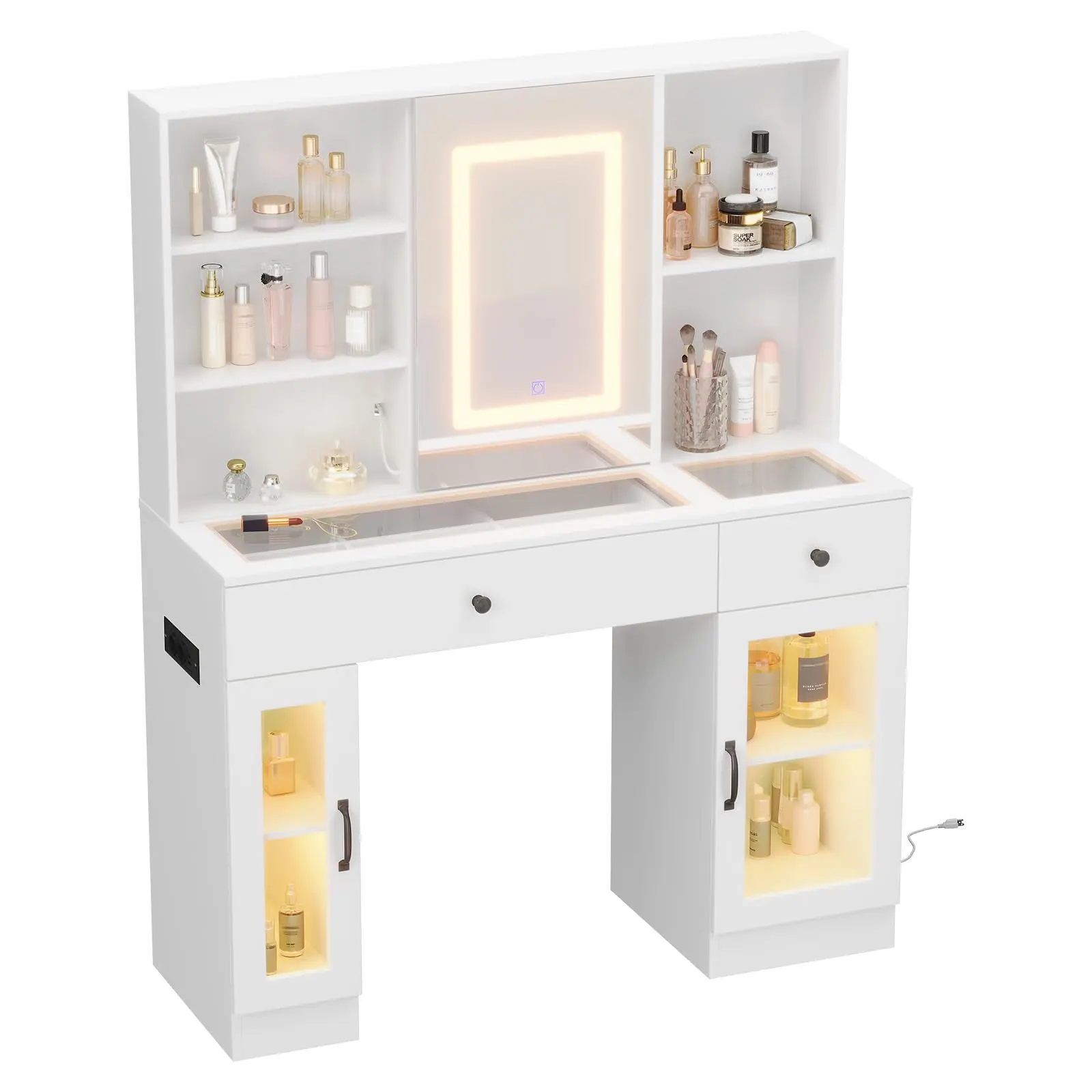 Garvee Large Vanity Desk with Sliding Mirror & 3-Color LED Lights, Makeup Dressing Table with Storage Drawers, Shelves, Cabinets, USB Outlets, MDF Beauty Station, Easy Assembly