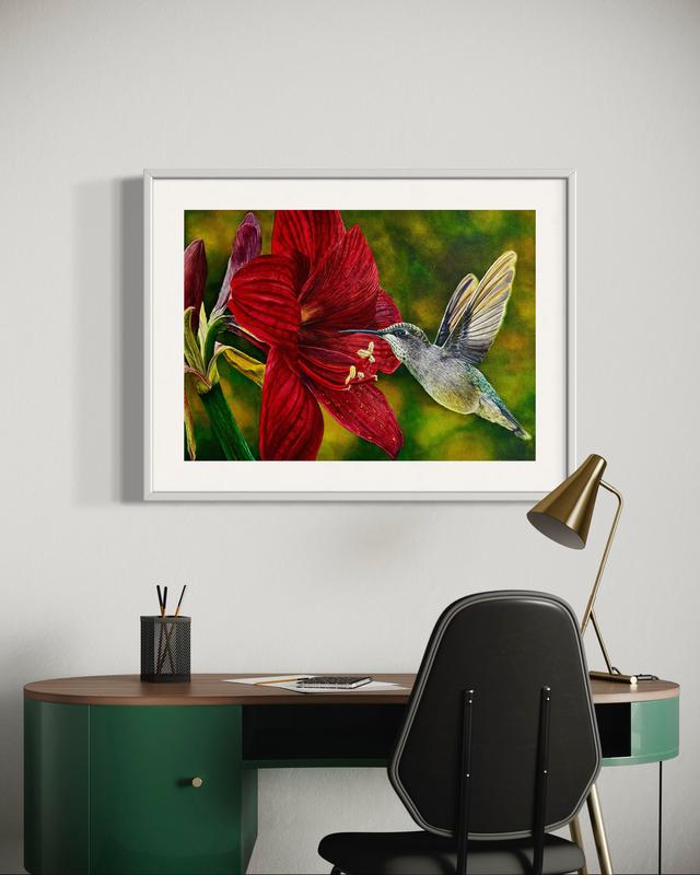Soul of the Desert Watercolor Painting Featuring Red Flower & Hummingbird Artwork