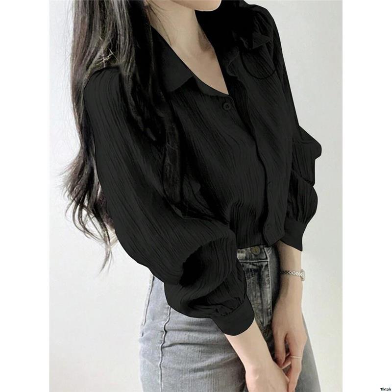 Spring Black JoudiyaWomen sPleatedSolidColorLapelLooseShirt Autumn