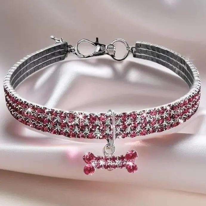 3-Row Stretchy Rhinestone Pet Collar, Bling Crystal Dog Necklace with Bone Charm, Elastic Adjustable Jewelry for Small Dogs & Cats