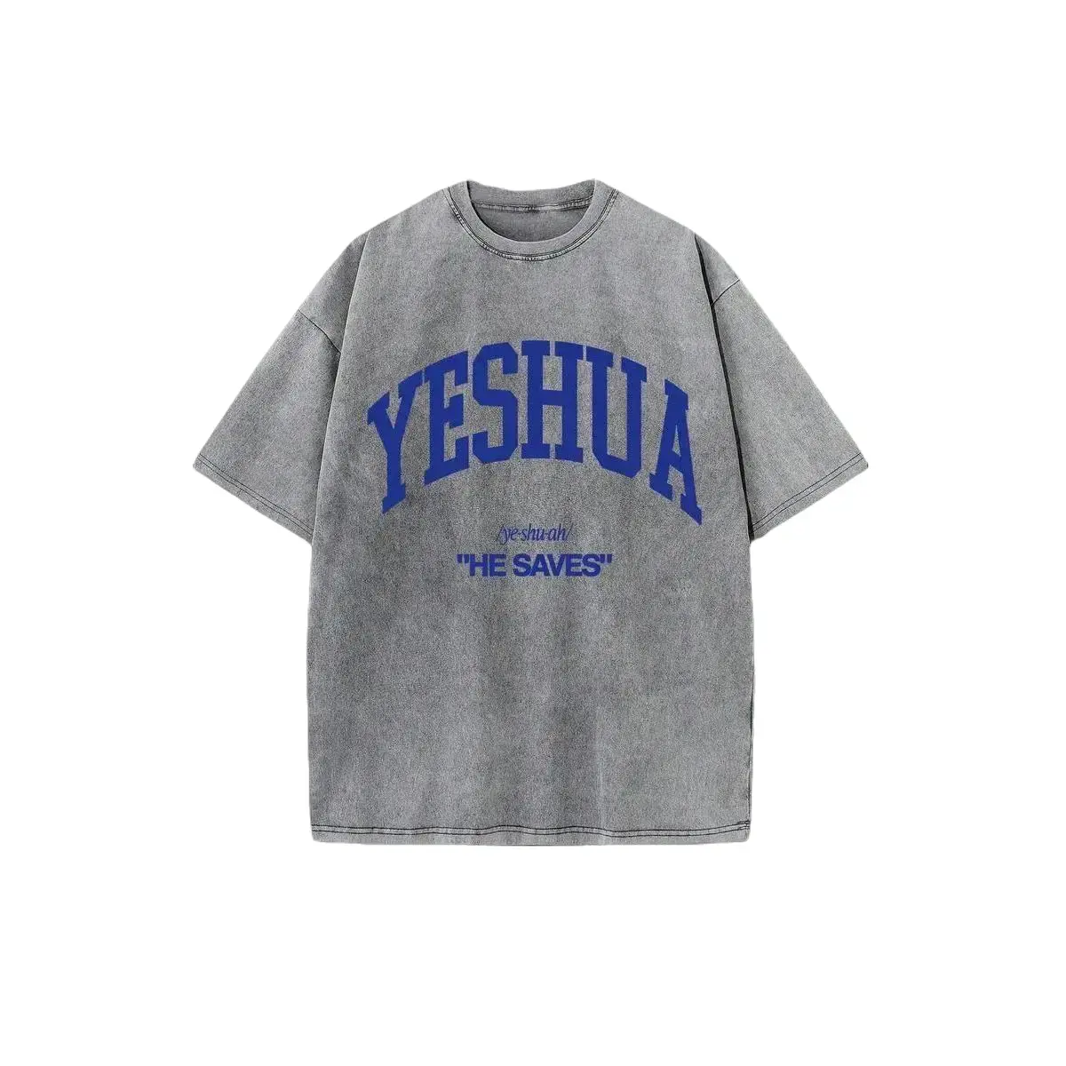 Retro Washed 230G Pure Cotton T-Shirt, "YESHUA HE SAVES" Letter Graphic Single Side Print, Christian Faith Gift, Men Casual Street Style Cotton Tee