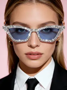 Rhinestone Decorated Cat Eye Frame Sunglasses, Trendy Y2K Sunglasses for Everyday Use, Fashion Accessories for Outdoor Activities