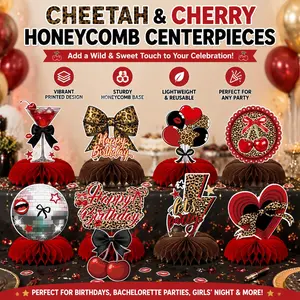9pcs Cheetah Cherry Birthday Party Decorations, Leopard Print Honeycomb Centerpieces, Y2K Style Table Toppers, Party Supplies