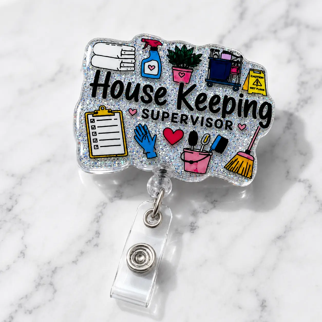 Housekeeping Supervisor Badge Reel | Glitter Retractable ID Badge Holder with Cleaning Tools, Hotel Hospital Custodial Staff Gift, 2 3 4 Inch Sizes