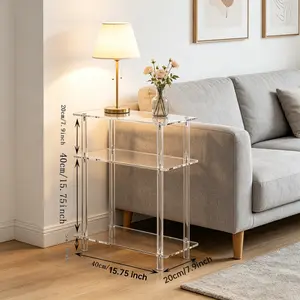 Acrylic Narrow Side Table with Charging Station, 7.9" Width, 3 Tier Small End Table for Small Spaces, Skinny Nightstand/Bedside Table Clear Acrylic Transparent Narrow-Edge Table,