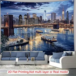 1pc New York City Skyline Backdrop - Brooklyn Bridge & Lower Manhattan Skyline Wallpaper-like Decoration, No Electricity Needed, Easy Hang Adhesive Strips for Living Room, Wedding, Party, Photo Studio - Durable Polyester Fabric Decor - Perf