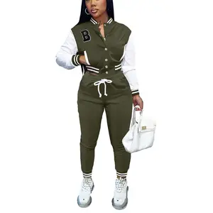 Women’s 2 Piece Button Down Varsity Jacket Tracksuit Crop Top Letterman Bomber Jackets Pants Sets