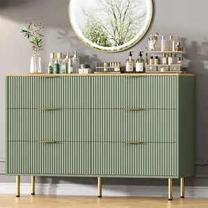 Green 6 Drawers Dresser for Bedroom Fluted Dresser Chest of Drawers with Gold Handle Nature Wood Modern Dressers for Closet Bedroom Furniture Storage Organizer for Living Room Hallway
