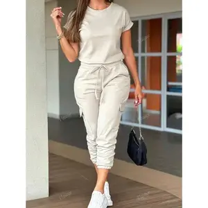 Women Casual Crew Neck Short Sleeve Drawstring Waist Wide Leg Jumpsuit Fabric Fit