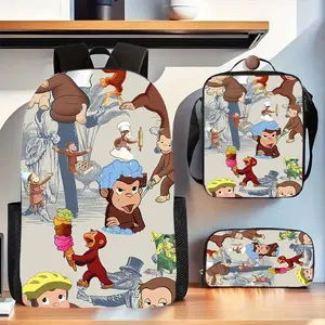 Three-piece set/teenager monkey print patch backpack set - backpack with laptop compartment, adjustable shoulder straps, lightweight for travel, hand washable, suitable for ages 14 and up (ideal for middle school education and day trips)