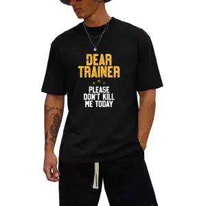 Humorous Workout Tee That Says 'Dear Trainer, Please Don'T Kill Me'. It'S a Comfy Casual Top for Outdoor Summer Wear, Featuring a Crew Neck And a Smooth Texture. Available in a Matching Style for Both Men And Women