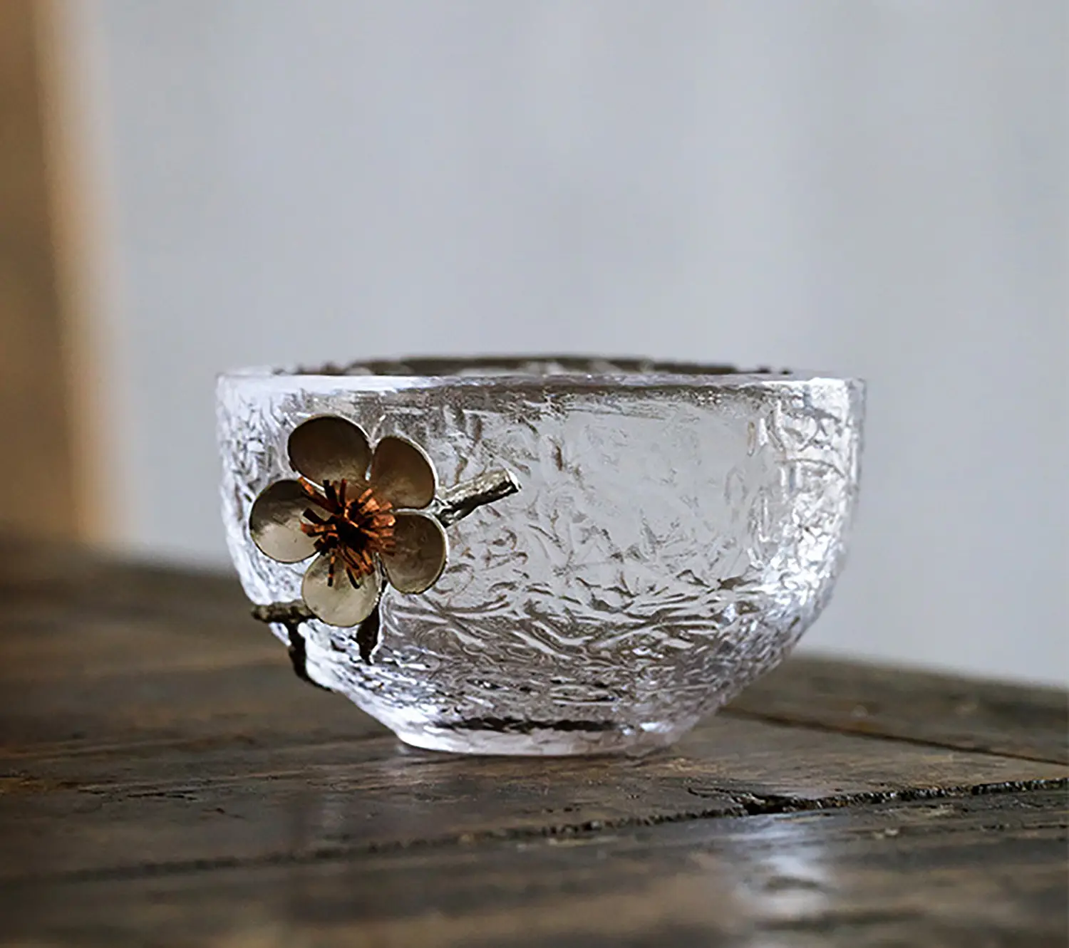 Zenation Japanese hammered glass exquisite -set of 2 tea cups/sake cups, with tin and copper plum blossom decoration-B Handmade Traditional