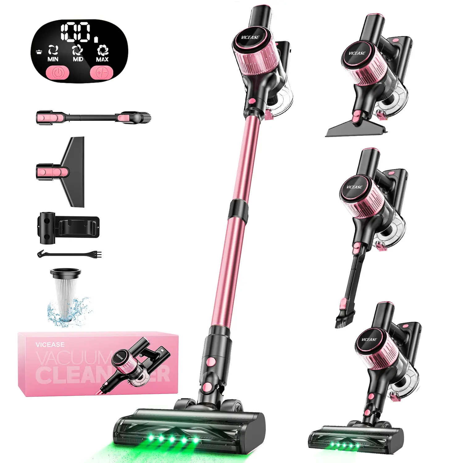 VICEASE Vacuum Cleaner, 3 Suction, LED Display, Green LED, Gift Box, Powerful Vacuum Cleaner with Sofa Brush for Hard Floor/Carpet/Pet Hair/Car