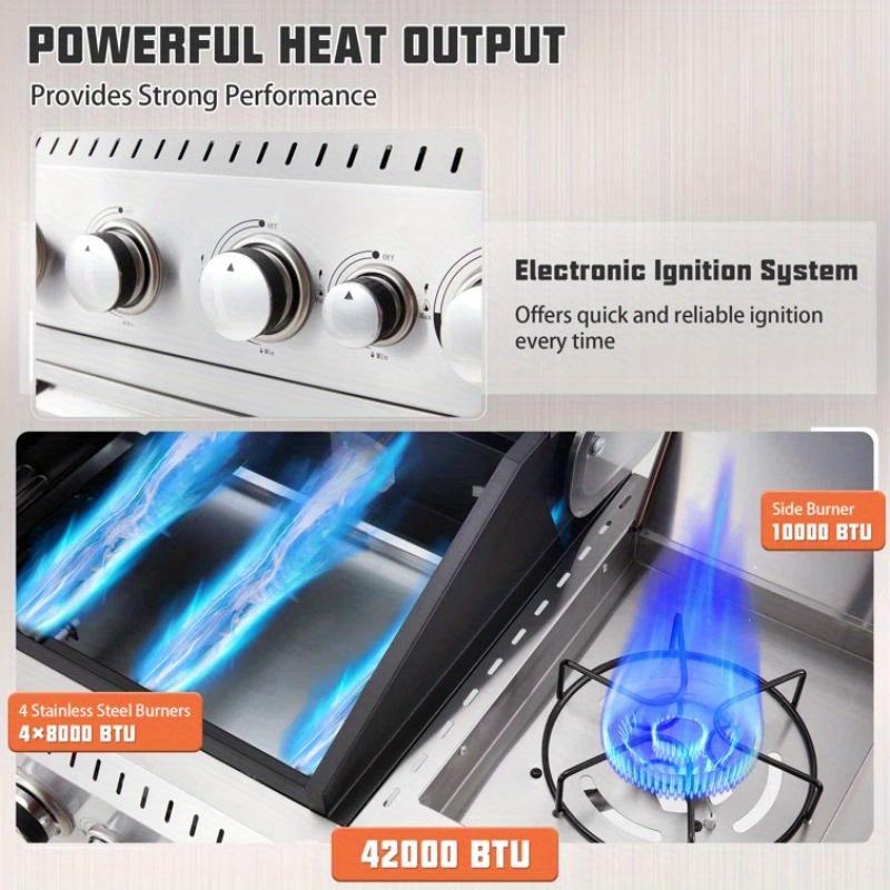 4-Burner Propane Gas Grill with 42, 000 BTU - Stainless Steel Body, Heavy-Duty Cast Iron Grates & Side Burner (Versatile Cooking), Silver Finish, Perfect for Patios/Backyards/Camping