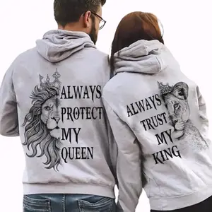 Always Protect My Queen & Trust My King Matching Couple Graphic Hoodie Casual Streetwear Fleece Fabric Pullover Hooded Sweatshirt Trendy Tops for Women for Men Perfect Valentine’s & Anniversary Gift