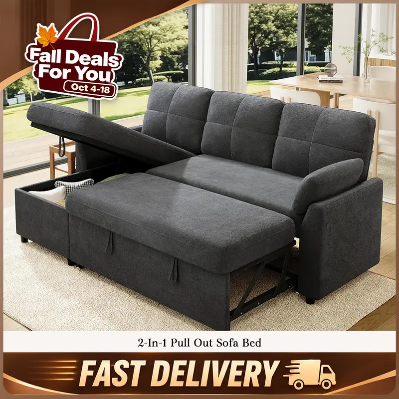 VanAcc Sofa Bed, Sleeper Sofa- 2 in 1 Pull Out Sofa Bed with Storage Chaise, Couch Bed, Comfy Upholstered Daybed for Living Room, Lounge #TikTokShopFallDealsForYou