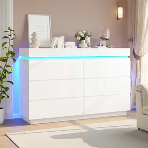 Sikaic Wide Dresser with LED Lights 6 Drawers White Wood Cabinet Chest Modern Storage Cabinet