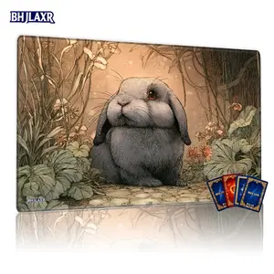 Whimsical Gray Rabbit Nature Scene MTG Playmat - 12x24in Non-Slip, Perfect for TCG Card Games, Family Gatherings & Ideal Gift with Dreamy Earthy Aesthetic