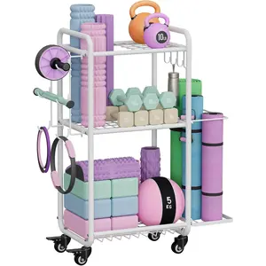 Weight Rack for  Gym,  in One Yoga Mat Storage Rack, Workout Equipment Storage with Wheels and Hooks for Dumbbells Kettlebells  Rollers,  Coated