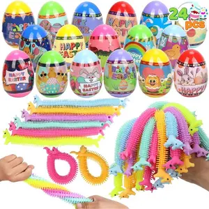 24PCS Prefilled Easter Eggs with Stretchy String Toys, Kids Easter Egg Hunt Fillers, Easter Basket Stuffers for Boys & Girls, Classroom Party Favors, Easter Gift