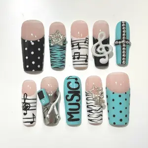 Pop Art Press On Nails, 3D Music Charms, Teal Polka Dots, Chrome nails, Y2k nails, Classic nails, Y2k Nails, Reusable Handmade Nail Art