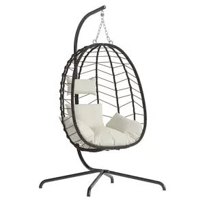 LHBcraft Comfortable & Chic Indoor/Outdoor Swing Egg Chair with Stand | UV-Resistant Wicker Hanging Egg Chair with Soft Cushion | 350LBS Capacity for Patio, Backyard & Balcony,Christmas gift